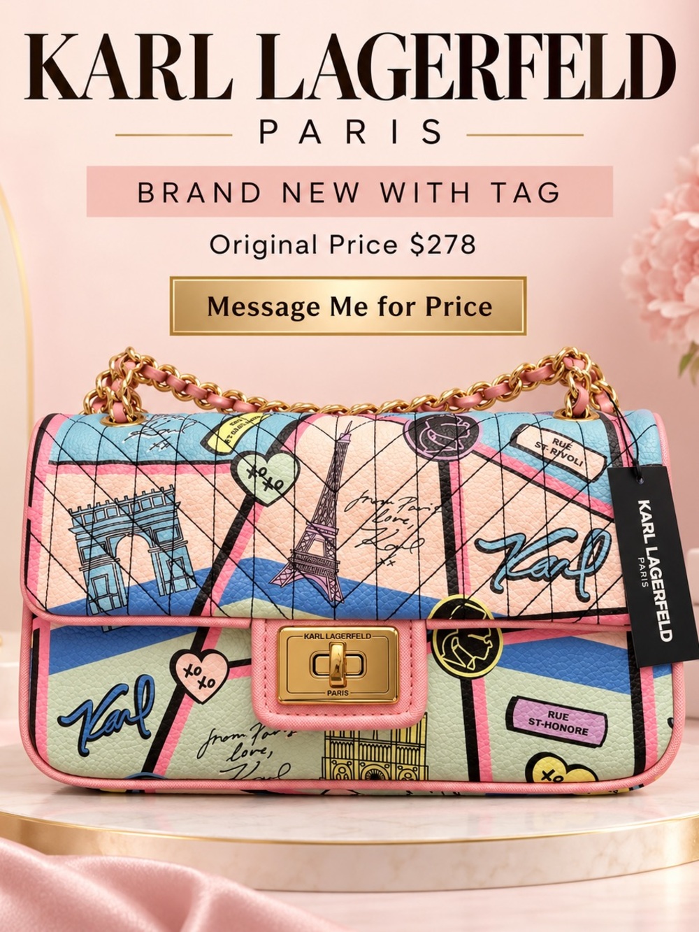 Karl Lagerfeld Pink Multicolor Paris Print Quilted Chain Shoulder Bag